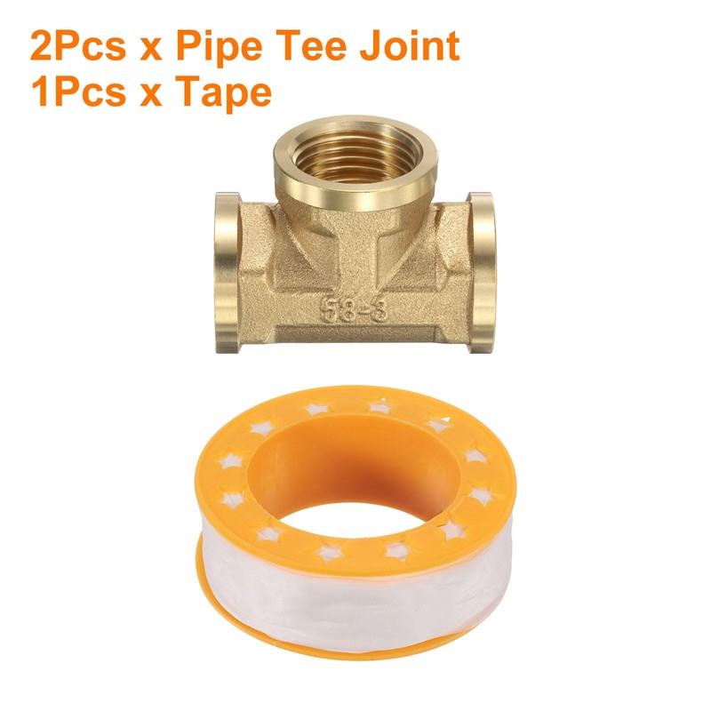 sourcing map 2pcs Brass Tee Pipe Fitting, G1/2" Female 3