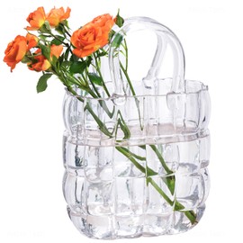 NiHome Glass Purse Vase Clear Glass Bag Vase with Handle Handbag Shape Vase for Flowers Farmhouse Decor Handmade Wide Mouth Glass Vase for Office Home Living Room Dining Table Decor