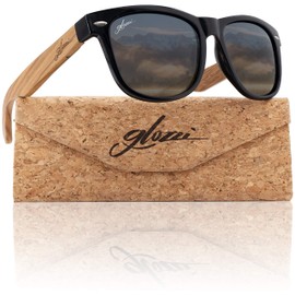 glozzi Sunglasses Men and Women Wood Polarised and Anti-Reflective UV400 Black with Zebra Wooden Temples and Cork Glasses Case