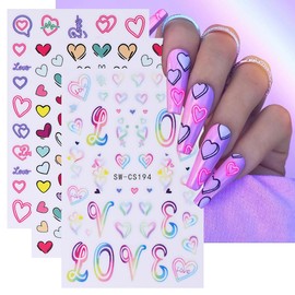 3 Sheets Valentine's Day Nail Stickers for Nail Art - Heart Nail Art Stickers Spring 3D Self Adhesive Nail Decals Colorful Love Nail Art Supplies Stickers for Nails Art Decoration