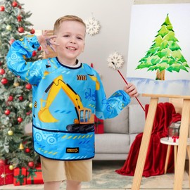 WERNNSAI Kids Art Smock - Truck Painting Smocks for Boys Waterproof Toddler Smock Long Sleeve Kids' Artist Smocks Painting Apron for Kids Artist Apron for age 4-7 Toddler Apron with 3 Pockets