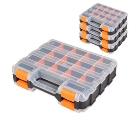 Jack Boss Tool Box with Transparent Lid, Double Side 34-Compartments Organizer Box with Removable Dividers for Hardware, Screws, Bolts, Nails, Beads, Jewelry and Fishing Accessories, Orange, 4 Pack