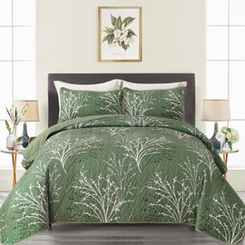 Green Quilt Set King Size Branch Bedspread Coverlet Set, 3 Piece Olive Green Floral Reversible Botanical Quilt Bedding Set with 2 Pillowcases Lightweight Daybed Cover for All Season 110''x90''