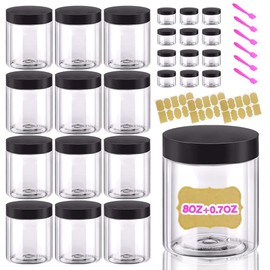 8oz 250ml Plastic Jars with Lids Plastic Containers with Lids + 20g Sample Pots (Set of 24) Airtight Storage Jars for Kitchen, Spice, Cream, Cosmetic, DIY Crafts, Slime + Free Labels & Spatulas