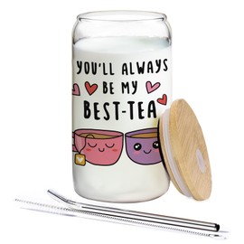 BEHIFL Bestie Gifts, Friendship Gifts for Women Friends - Glass Cup with Lids and Straws 14oz, BFF Soul Sister Gifts, Best Friend Birthday Gifts, Glass Coffee Tumbler Drinking Jars with Cleaning Brush