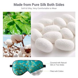LaCourse 100% Natural Mulberry Silk Eye Mask for Sleeping with a Travel Pouch, Both Sides 19 Momme Organic Silk, Adjustable Silk Sleep Eye Mask for Women, Green-Floral