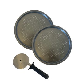 Chabrias Ltd 14.5" Pizza Pan Perforated Carbon Steel Tray Twin Set with Pizza Cutter