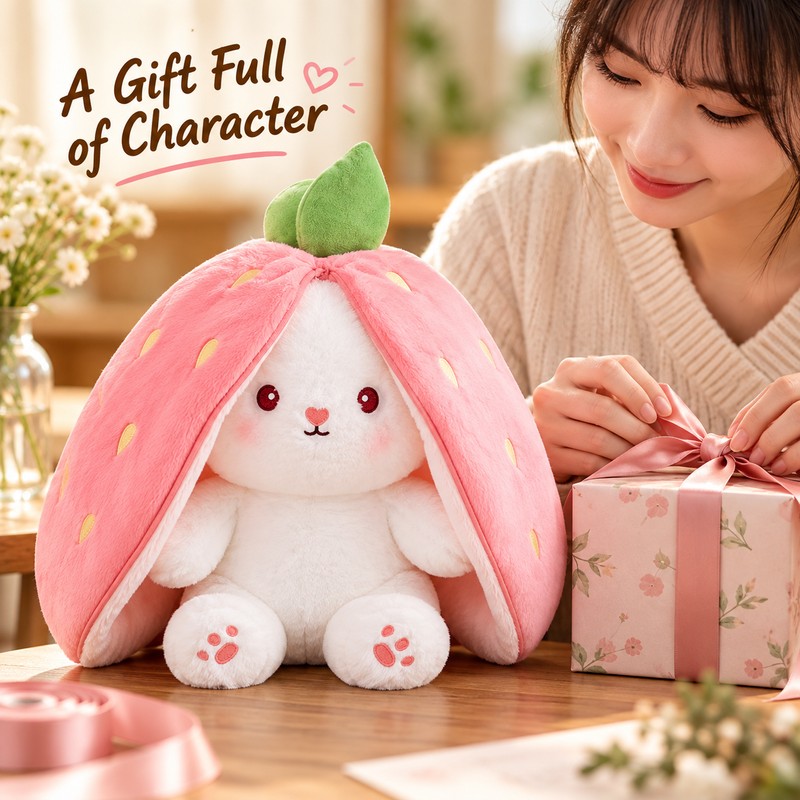 Kawaii Transforming Fruit Bunny Plush Toy, Strawberry and Carrot Rabbit