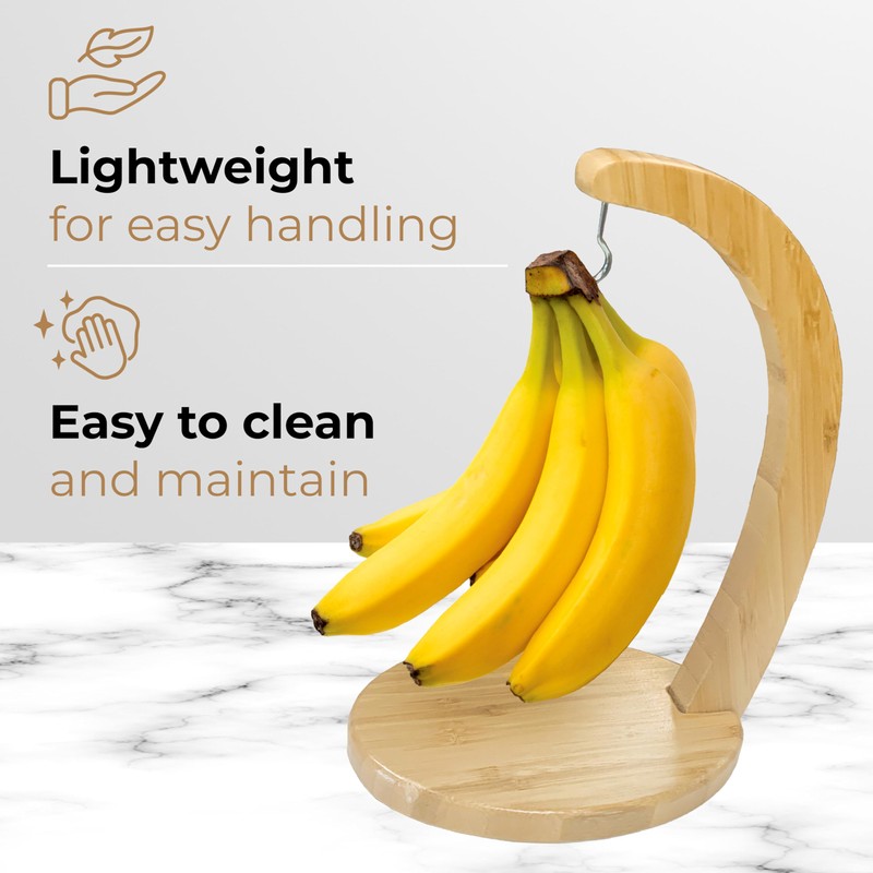 JS Gourmet Bamboo Banana Stand with Stainless Steel Hanging Hook,