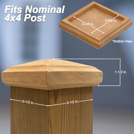 3.5" x 3.5" Wood ONE-Piece Slip Over Post Cap - Traditional Pyramid - 2 Pack - One-Piece Miterless - 3/8" Extended Lip - (for 4x4 Post Measuring 3-1/2" x 3-1/2")