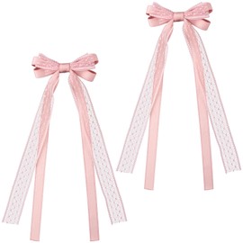 CustomyLife 2Pcs Pink Lace Hair Bows Cute Coquette Bow Clips Long Tail Ribbon Bowknot Barrettes for Women Christmas Valentines Wedding Prom Decorative Accessories