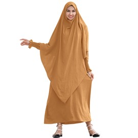 Modest Dresses For Women Muslim Long Hijab Dress Islamic Middle East Kaftan Robe Dresses Jilbab Dubai Abayas Outfits Prayer Dress For Women Muslim Corban Festival Namaz Orange Dress + Khimar M/L