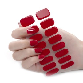DANNEASY 16 Pieces Semi Cured Gel Nail Strips - Bright Red Solid Color, Gel Nail Stickers Full Nail Wraps Salon-Quality, Long Lasting, Easy to Apply with Nail File, Cuticle Stick, Prep Pads
