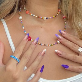 YOSOMK Purple Press on Nails Medium Almond Fake Nails with Rhinestones Designs Bling Glossy False Nails Glitter Sequins Glue on Acrylic Nails for Women