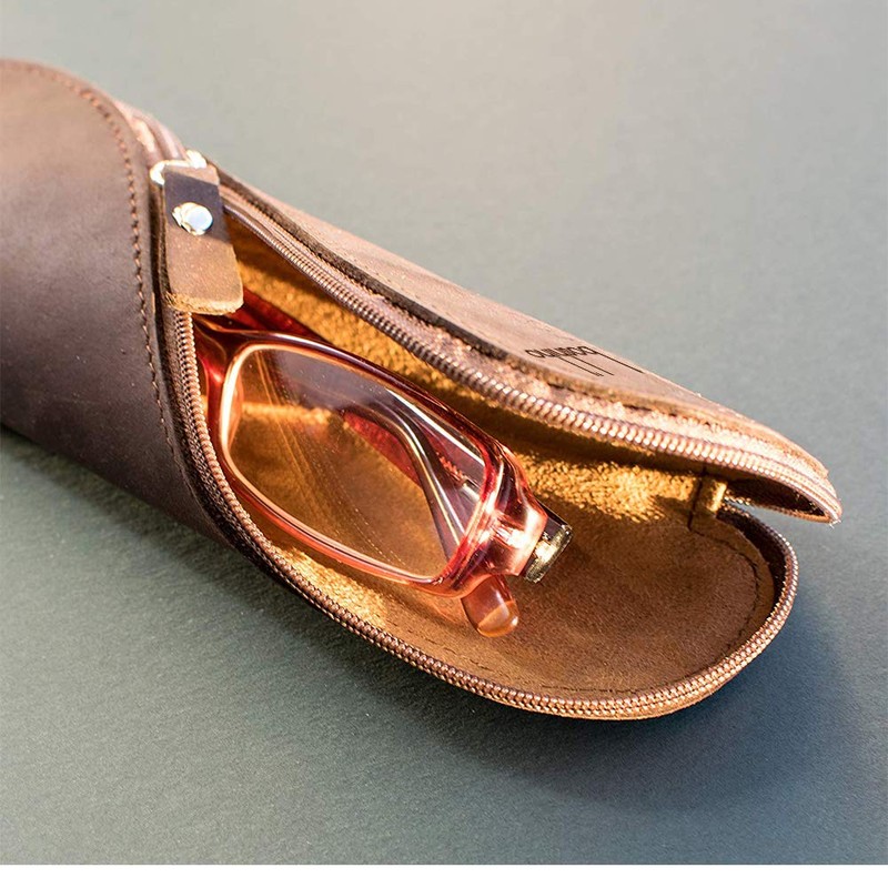 Boshiho Pen Case, Genuine Leather, Pencil Case, S-Shaped Zipper, Glasses