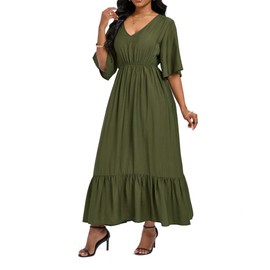 Ystguic Women's Short Sleeve Bohemian V-Neck Floral Print Maxi Flowy Dress with Pockets Stretchy Waist Summer Fall Casual Beach Long Dresses X-Large 024 Army Green XL