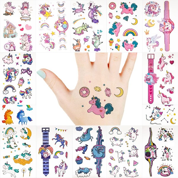 Aniuvot Kids Glitter Unicorn Temporary Tattoos Birthday Party Favor for Boys Girls 14 Sheets, Sparkle Body Glitter Stickers Goodie Bag Fillers - Unicorn, Rainbow, Star, Crown, Heart, Butterfly Styles…