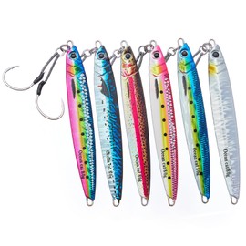 OCEAN CAT 6 PC Slow Fall Pitch Fishing Jigs Lures Lead Metal Flat Sinking Vertical Shore Jigging Bait with Assist Hook for Saltwater Fishing