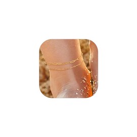 14K Gold Layered Anklet Set 2Pcs, Paperclip Link Chain Bracelets, Summer Beach Jewelry Gift for Her
