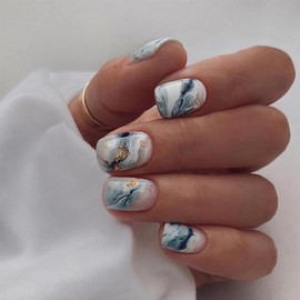 Press on Nails Short Square 24Pcs Glossy Full Cover Acrylic Square False Nails with Marble Designs Reusable Short Coffin Fake Nails with Charm Glue Stick on Fingernails for Women Girls