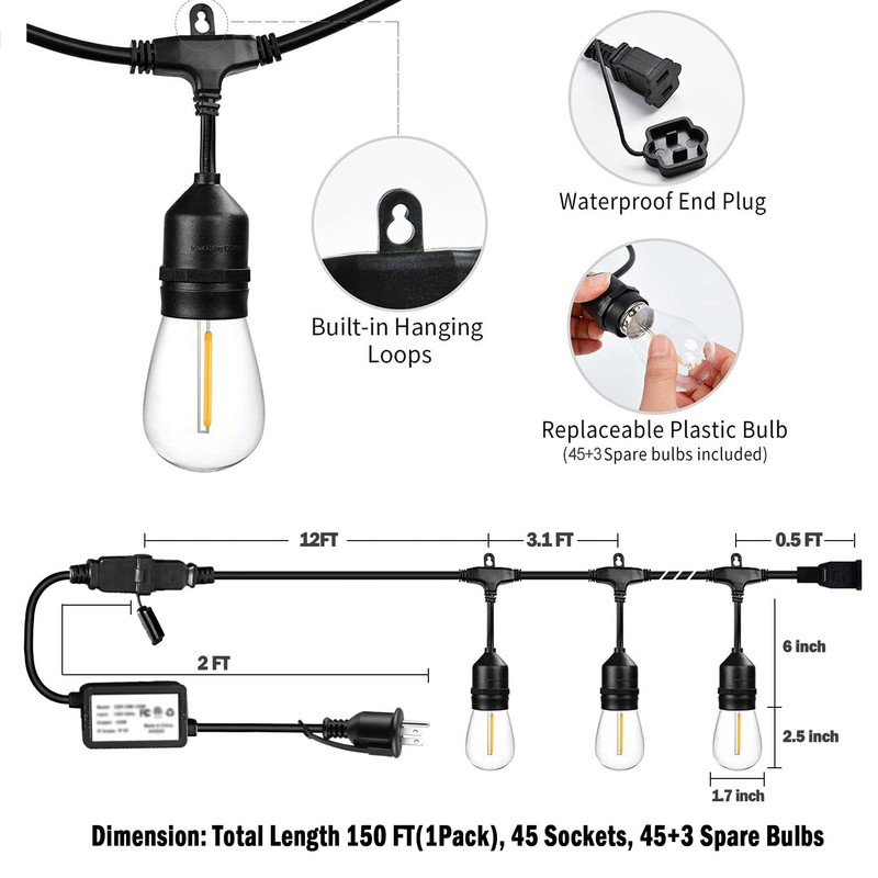 1-Pack 150 ft Outdoor String Lights for Outside with Remote