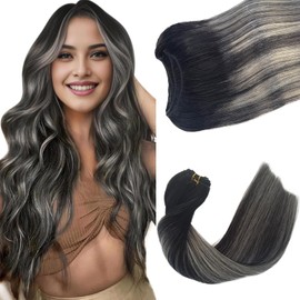 Sew in Bundles Hunan Hair Weft Extensions 24 Inch Ombre Natural Black Balayage Silver Grey Highlights Hair Extensions Real Human Hair Sew in 120G Hand Tied Weft Human Hair Bundles Weave Extensions