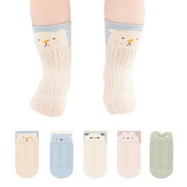MOMSMENU Summer Mesh Baby Socks, Non-slip, Cotton, Breathable, Soft, Cute, Easy to Wear, Set of 5 Pairs, Beige, Blue, Pink, Green