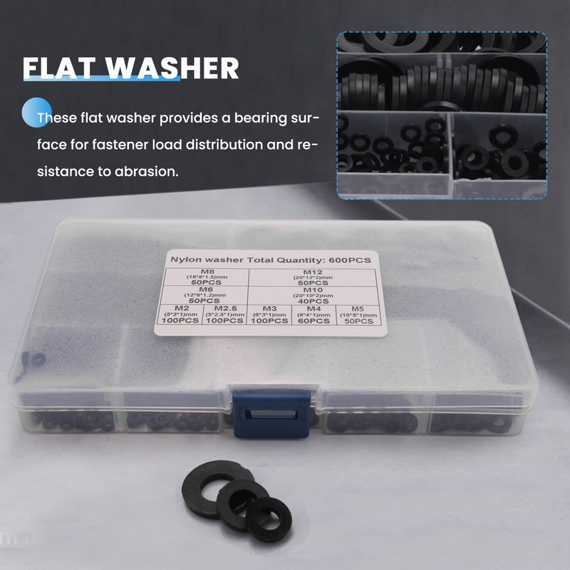 Bzocio 600Pcs Black Nylon Rubber Flat Washer Assortment Kit for