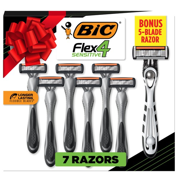 BIC Flex 4 Sensitive Titanium Men's Disposable Razors With 4 Blades with Bonus BIC Flex 5 Disposable Razor, 8 Razors Total, Stocking Stuffers for Men