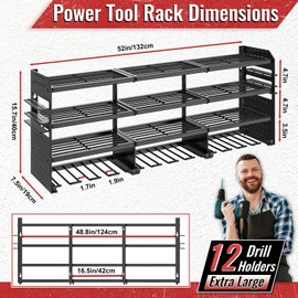 VeyFolzin.st Large Power Tool Organizer Wall Mount-12 Drill Holder, Metal Heavy Duty Garage Tool Storage Shelves with Screwdriver Plier Holder, Gifts Idea for Men Dad Husband
