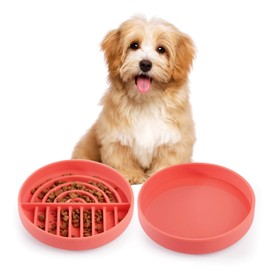 Slow Feeder Dog Bowls Set for Small Dogs & Cats, Portable Non-Slip Silicone Food & Water Bowls, Promotes Healthy Digestion, Dishwasher & Microwave Safe, 1.4 & 2 Cups, Coral Red