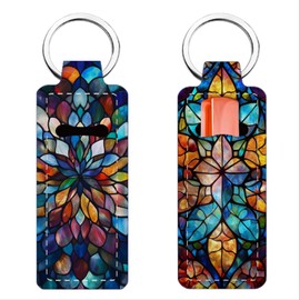 FREEBLOSS 2Pcs Chapstick Holder Keychain Lip Balm Holder Keychain Lightweight Lipstick Sleeve Pouch with Stained Glass Pattern for Women Girls 9.6x3.8cm