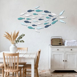 Beach Coastal Wall Decor Wooden Fish Wall Art, Ocean Themed Nautical Wall Decor for Bathroom, Living Room, Coastal Farmhouse Home Decoration