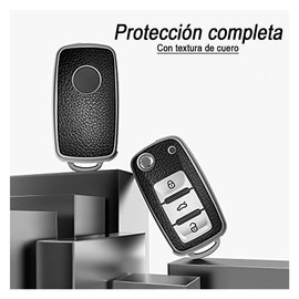 Funda de Llave TPU con Piel Cuero Sintetico Vinipiel Llavero Proteccion Completa Vmingo compatible con Volkswagen Jetta Vento Passat Seat Ibiza | Para 3 Botones