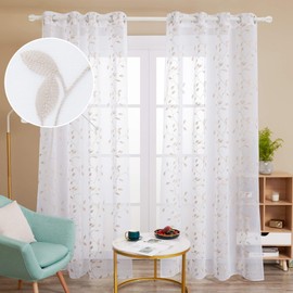 Deconovo Transparent Curtains, Set of 2 Embroidered Curtains, linen, 180x140