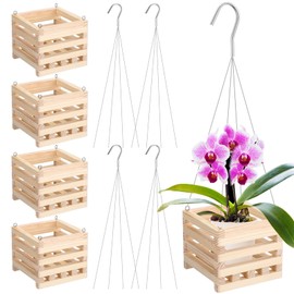 Briwooody 4 Pack Wooden Plant Hanger Set Including 6 Inch Strong Hanging Orchid Wooden Square Baskets and 24 Inch Wire Plant Hangers for Hanging Orchid Gardening Indoor Outdoor(Light Brown)