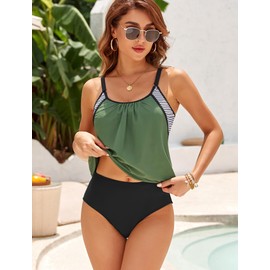 ZAFUL Two Piece Tankini Swimsuit for Women High Waisted Tummy Control Bathing Suit Double Up Tankini Set ArmyGreen M