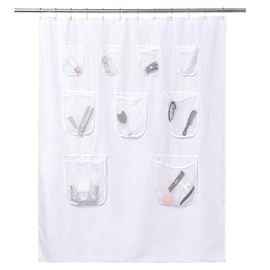 Extra-Long Fabric Shower Curtain or Liner with 9 Mesh Pocket, 71 x 84 inch, Water Repellent, Odorless, Washable and Rust Proof Grommets