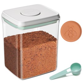 Mutclord POP Airtight Brown-Sugar Keeper-Container - 2.2Qt(67Oz/2L) Clear Jar | 1/2 Tablespoon Scoop | Brown Sugar Saver | Stackable One-Touch Opening