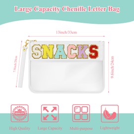 BOUBONI Chenille Letter Bag Clear Stuff Bag Flat Pouch Nylon and PVC Cosmetic Bags Travel Makeup Bag Zipper Pouches Toiletry Bag With Wristlet for Women Girls (White-Snacks)