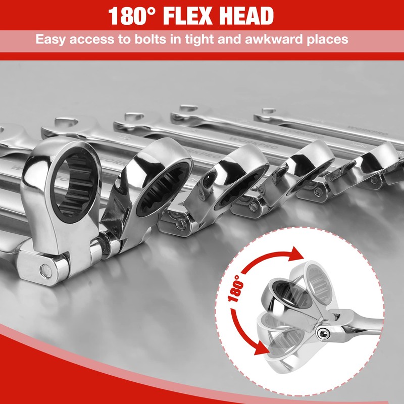 WORKPRO 8-piece Flex-Head Ratcheting Combination Wrench Set, SAE 5/16-3/4 in,