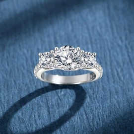 JIEKAYUAN 3 Stones Moissanite Rings for Women, 3.5CTTW D Color VVS1 Round Cut Moissanite Engagement Ring 18K White Gold Plated S925 Sterling Silver for Wedding Anniversary, Gemstone, Moissanite