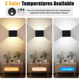 Yochoice Motion Sensor Wall Sconces with Remote Control, 6000mAh Black Wireless Touch Control Rechargeable Lamps with 3 Color Temperatures, LED Up Down Battery Operated Wall Lights Indoor, 2-Pack