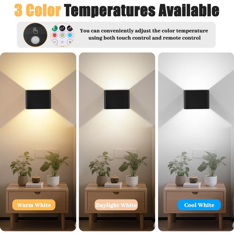Yochoice Motion Sensor Wall Sconces with Remote Control, 6000mAh Black