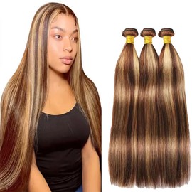GLSMOSNW Ombre Bundles P4/27 Highlight Straight Human Hair Bundles Highlight Bundle Human Hair 08 10 12 Inch Two Tone Honey Blonde Mix With Brown