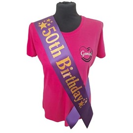 50th Birthday Sash - 50 Star Birthday Sash - Beautiful Quality Purple Ribbon and Holographic Gold Font