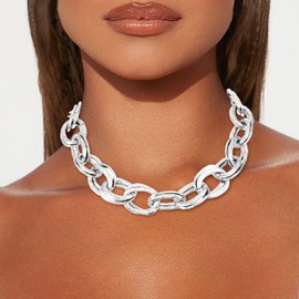 ACEDRE Chunky Choker Necklace Silver Cuban Link Chain Double O Link Necklaces Punk Hip-hop Jewelry for Women (2-Silver)