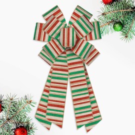 Blinket Large Christmas Stripe Burlap Wreath Bow, 11.42 × 20.86 inch Red Green Gold Striped Bow for Holiday Tree Topper, Front Door, Indoor Decor