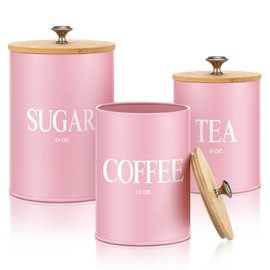 Blushtier 3 Pack Pink Kitchen Canister Set Metal Tea Coffee Sugar Jar Container with Bamboo Airtight Lids Food Storage Containers for Bar Counter Farmhouse Kitchen Decor 6, 12, 24 oz