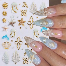 4 Sheets Summer Nail Stickers for Nail Art Embossed Jellyfish Starfish Flower Nail Art Stickers Seashell Nail Decals Self-Adhesive Marine Life Nails Decoration Summer Sea Theme Nail Supplies for Women